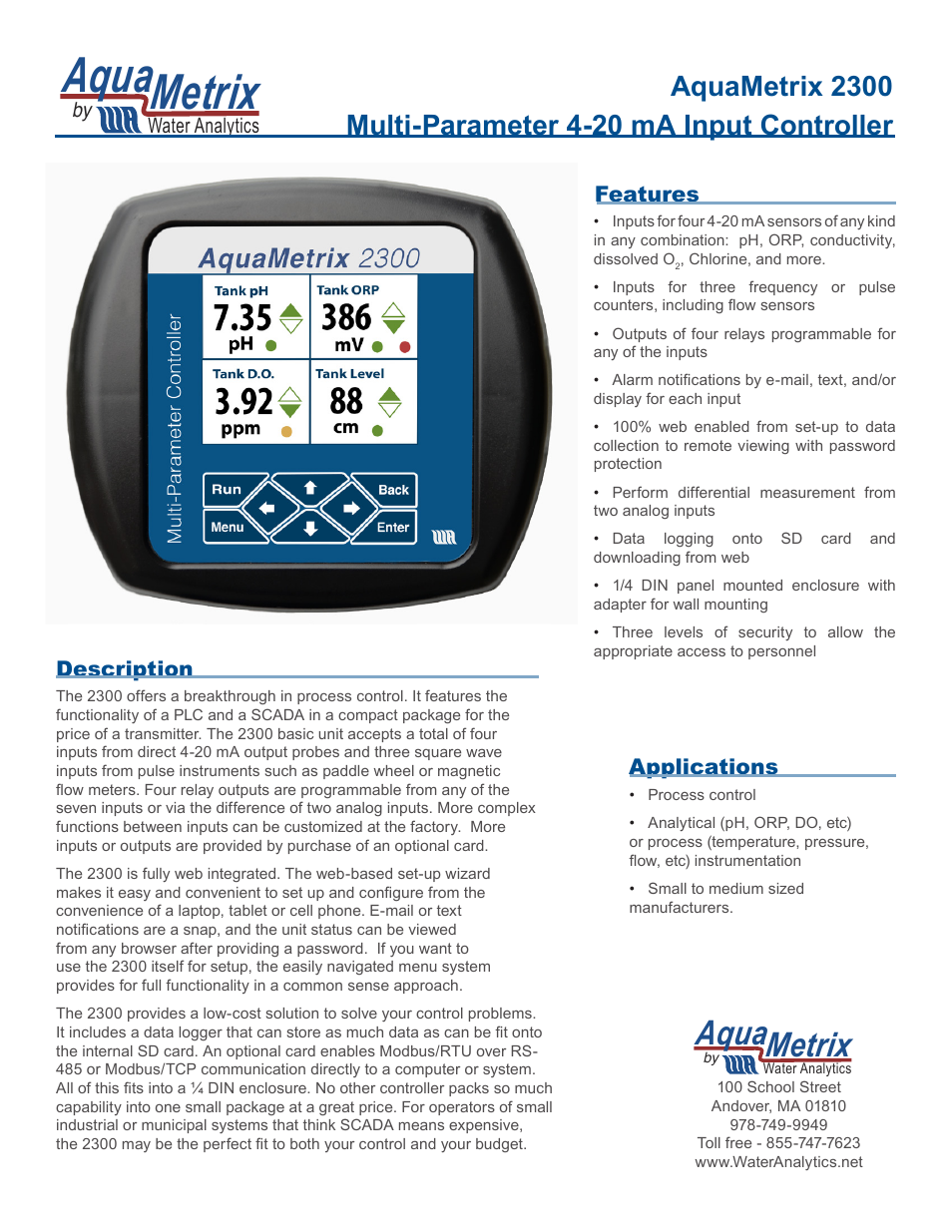 Aquametrix 2300 Multi-Input Controller Datasheet User Manual | 2 pages
