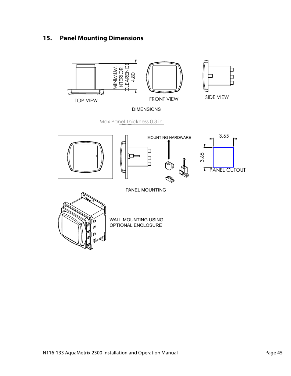 Panel mounting dimensions | Aquametrix 2300 Multi-Input Controller User Manual User Manual | Page 45 / 45