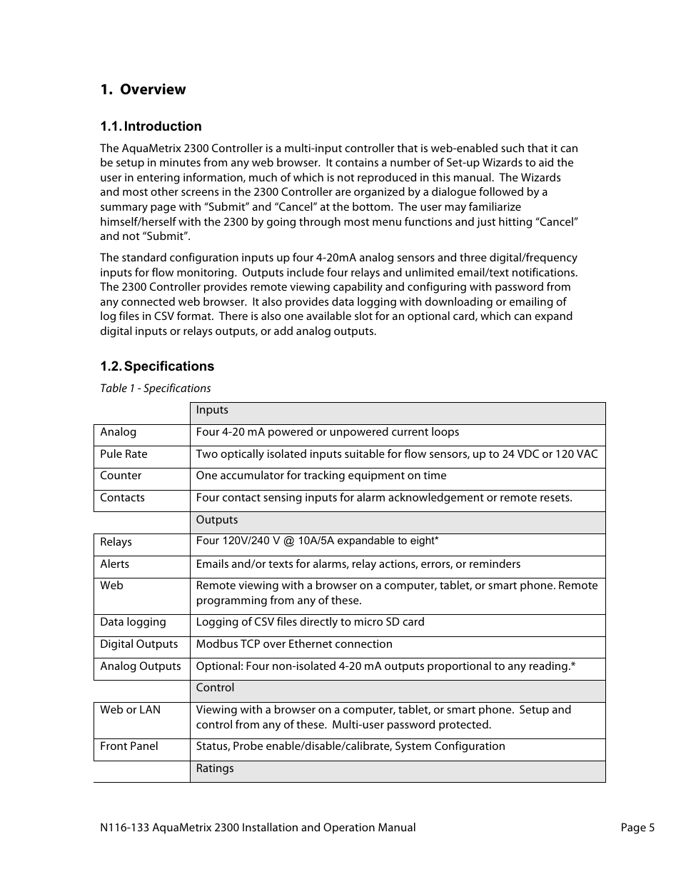 Overview | Aquametrix 2300 Multi-Input Controller User Manual User Manual | Page 5 / 45