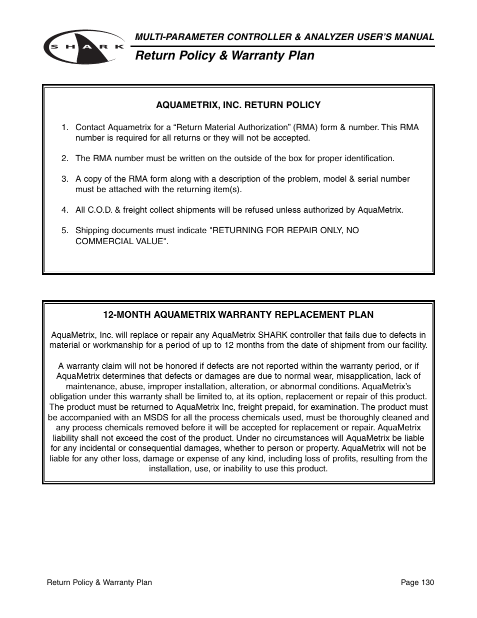 Return policy & warranty plan | Aquametrix SHARK-120/240 Controllers User Manual User Manual | Page 132 / 132