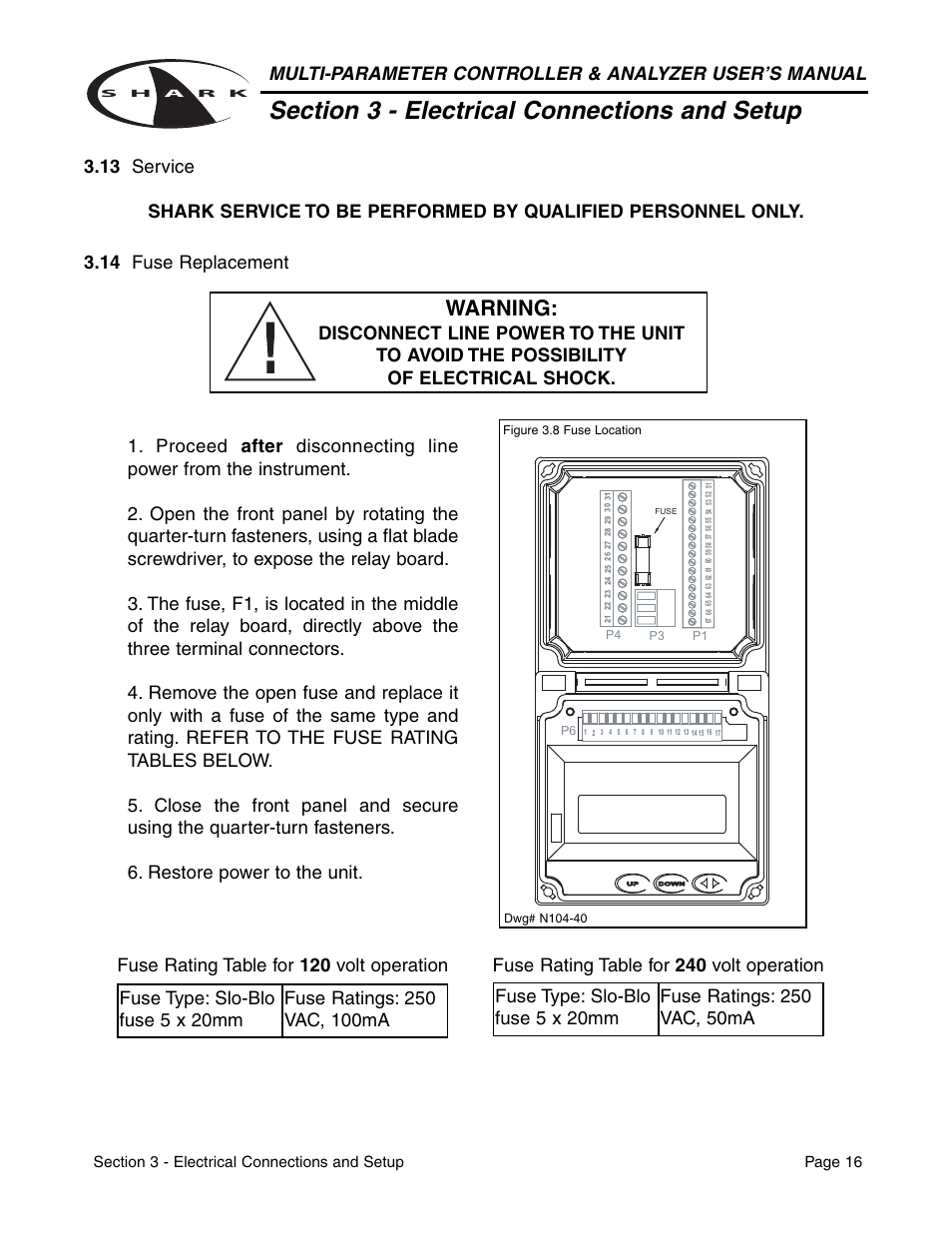 Warning, 14 fuse replacement | Aquametrix SHARK-120/240 Controllers User Manual User Manual | Page 18 / 132