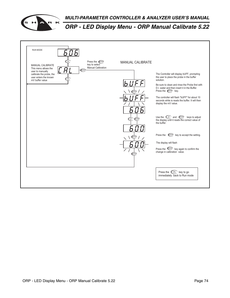 Orp - led display menu - orp manual calibrate 5.22, Manual calibrate | Aquametrix SHARK-120/240 Controllers User Manual User Manual | Page 76 / 132