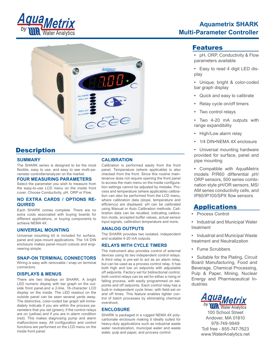 Aquametrix SHARK-120/240 Controllers Datasheet User Manual | 3 pages