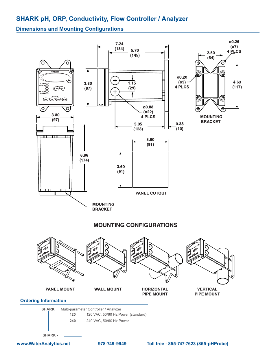 Dimensions and mounting configurations | Aquametrix SHARK-120/240 Controllers Datasheet User Manual | Page 3 / 3