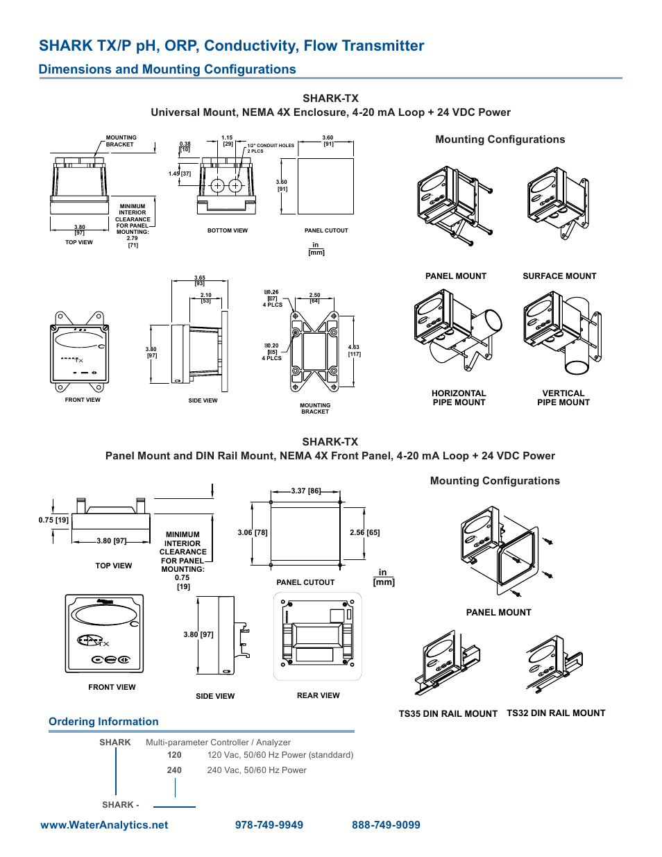 Shark tx/p ph, orp, conductivity, flow transmitter, Dimensions and mounting configurations, Ordering information | Aquametrix SHARK TX / TXP Transmitters Datasheet User Manual | Page 3 / 4