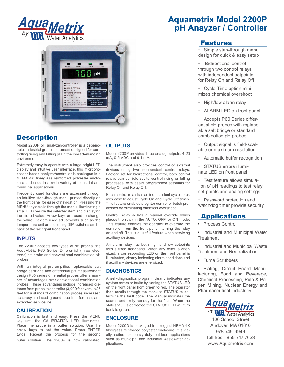 Aquametrix 2200P pH Analyzer/Controller Datasheet User Manual | 2 pages