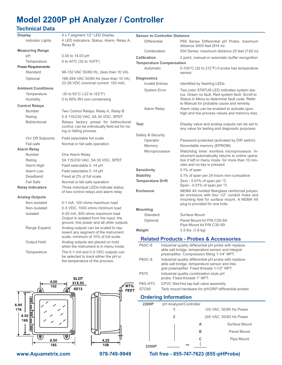 Model 2200p ph analyzer / controller, Technical data, Related products - probes & accessories | Ordering information | Aquametrix 2200P pH Analyzer/Controller Datasheet User Manual | Page 2 / 2
