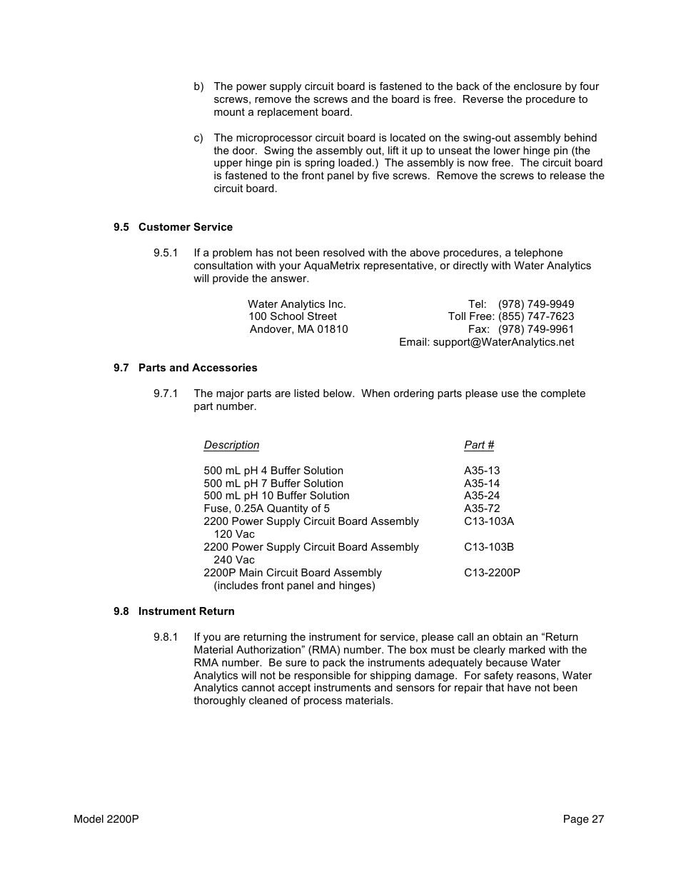 Aquametrix 2200P pH Analyzer/Controller User Manual User Manual | Page 29 / 30
