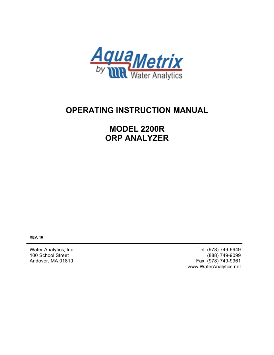 Aquametrix 2200R ORP Analyzer/Controller User Manual User Manual | 30 pages