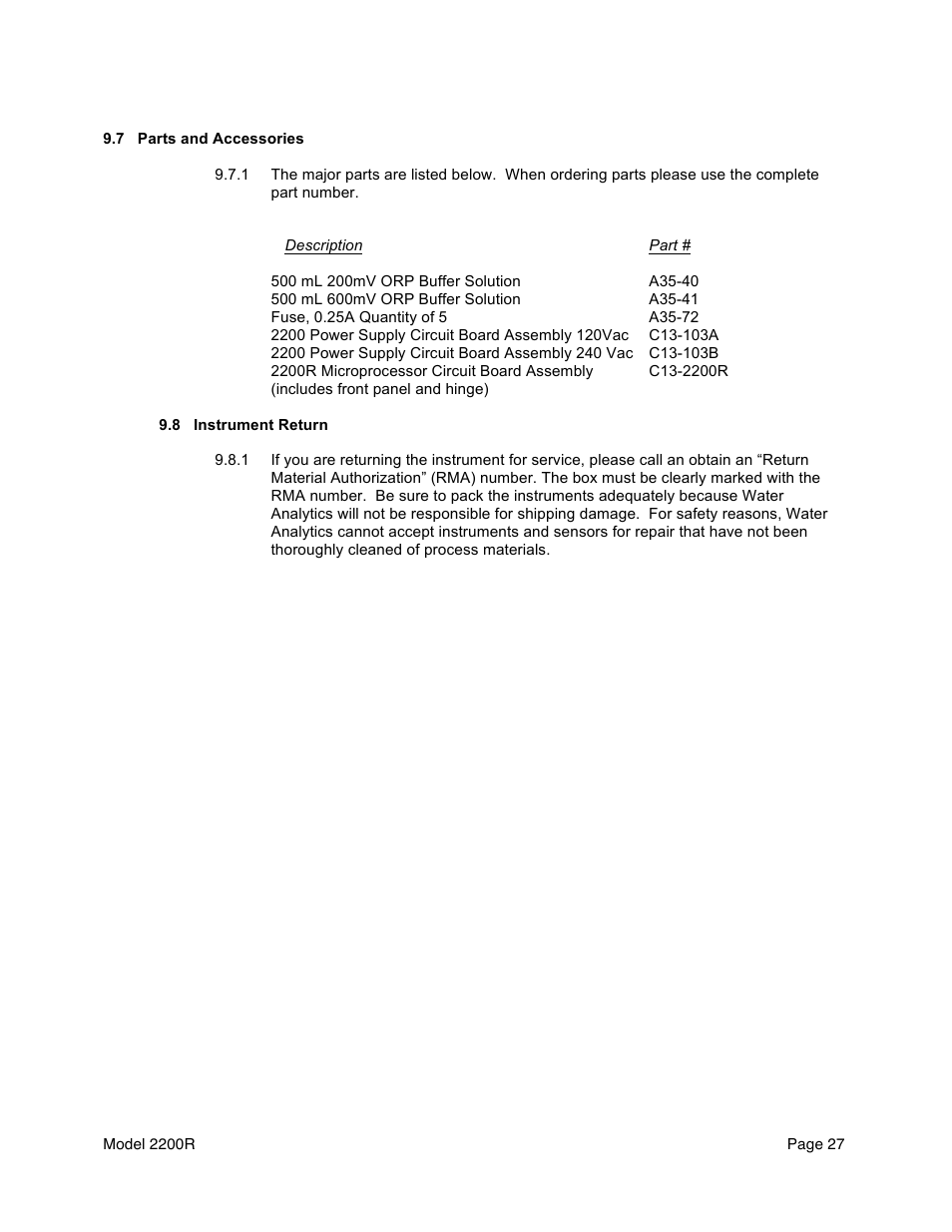 Aquametrix 2200R ORP Analyzer/Controller User Manual User Manual | Page 29 / 30