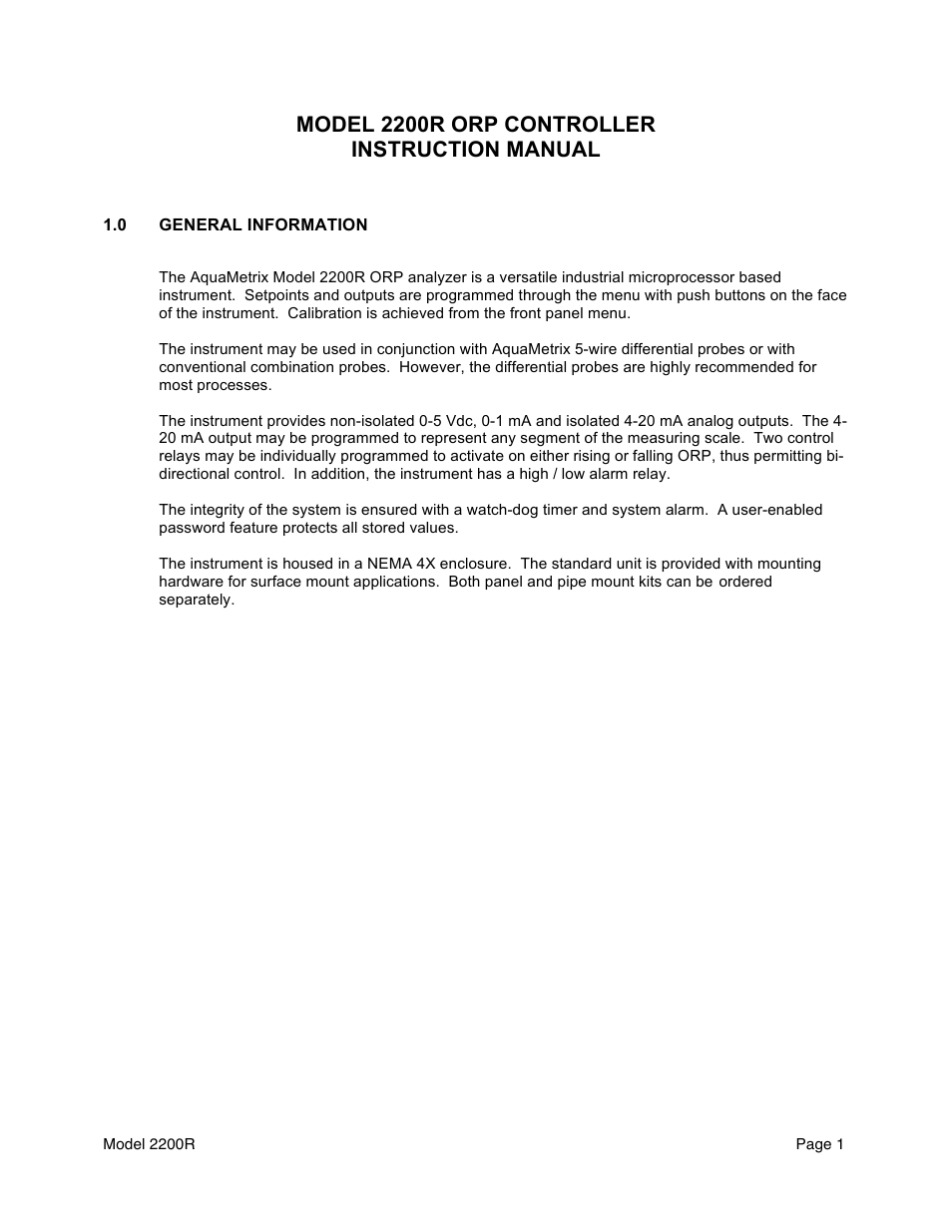 Model 2200r orp controller instruction manual | Aquametrix 2200R ORP Analyzer/Controller User Manual User Manual | Page 3 / 30