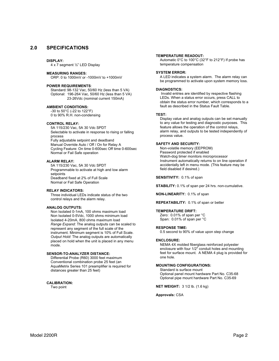 Aquametrix 2200R ORP Analyzer/Controller User Manual User Manual | Page 4 / 30