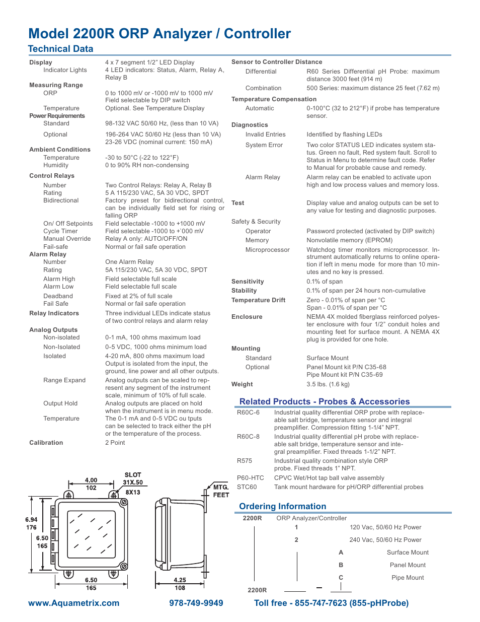 Model 2200r orp analyzer / controller, Technical data, Related products - probes & accessories | Ordering information | Aquametrix 2200R ORP Analyzer/Controller Datasheet User Manual | Page 2 / 2
