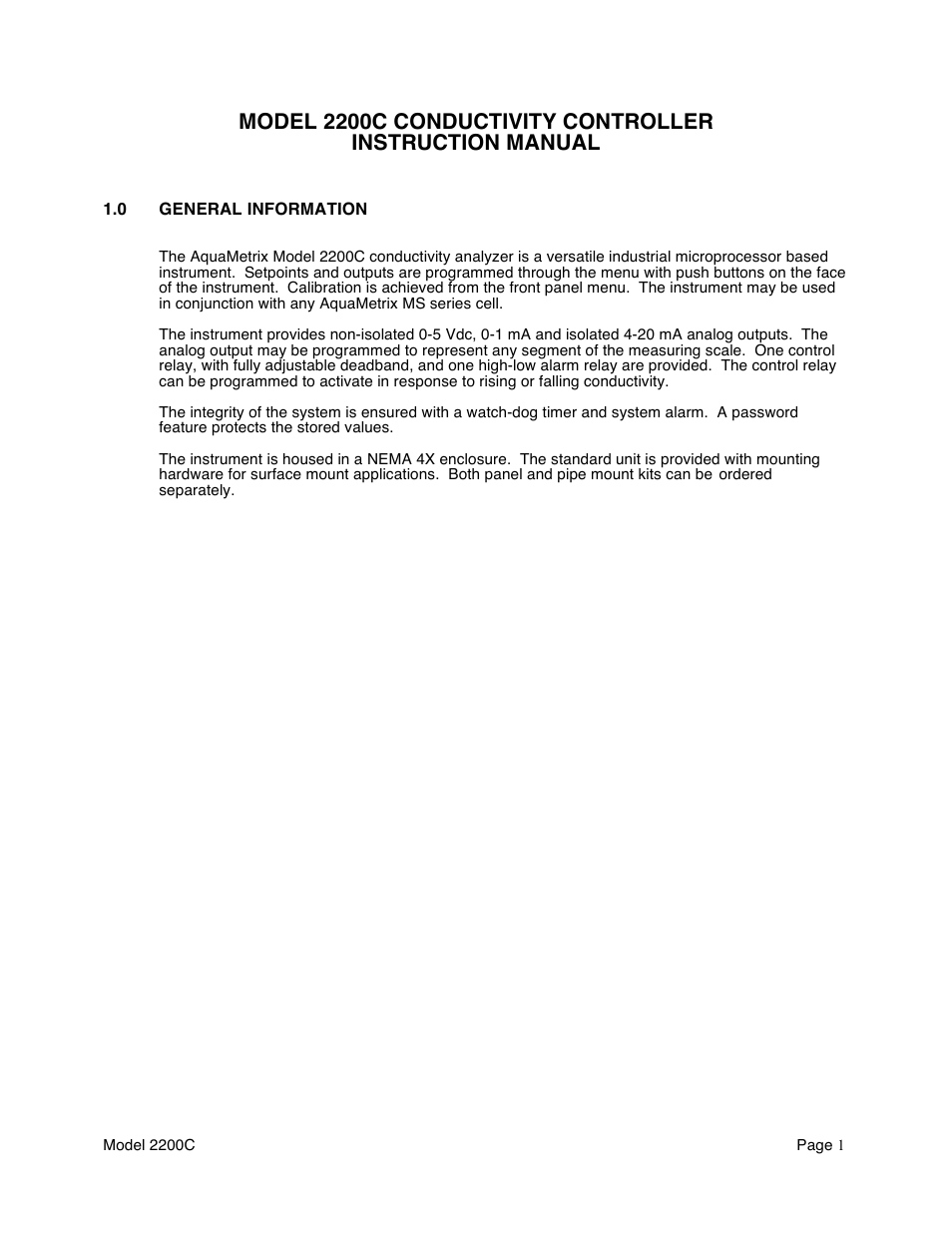 Aquametrix 2200C Conductivity Controller User Manual User Manual | Page 3 / 28