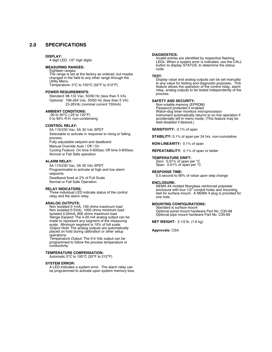 0 specifications | Aquametrix 2200C Conductivity Controller User Manual User Manual | Page 4 / 28