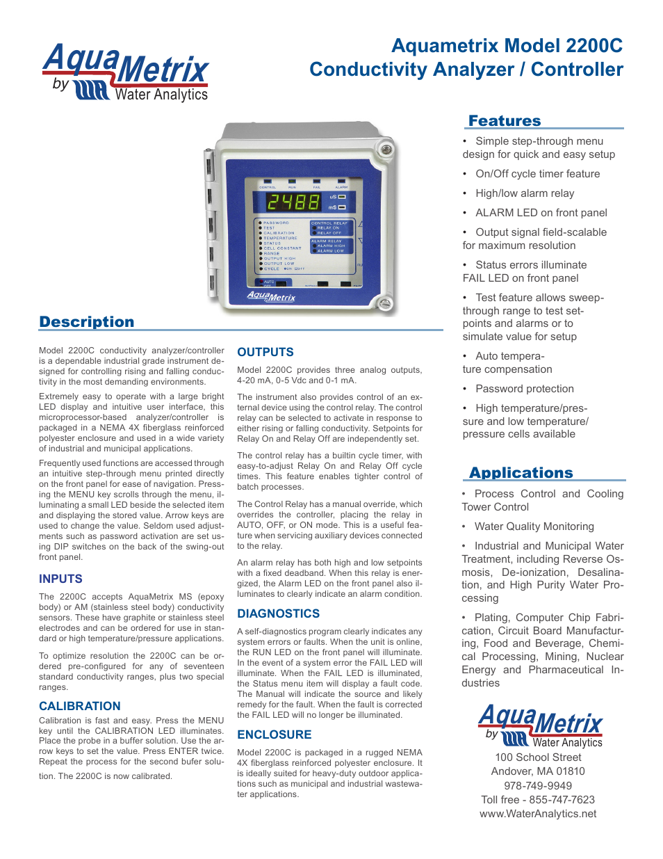 Aquametrix 2200C Conductivity Controller Datasheet User Manual | 2 pages