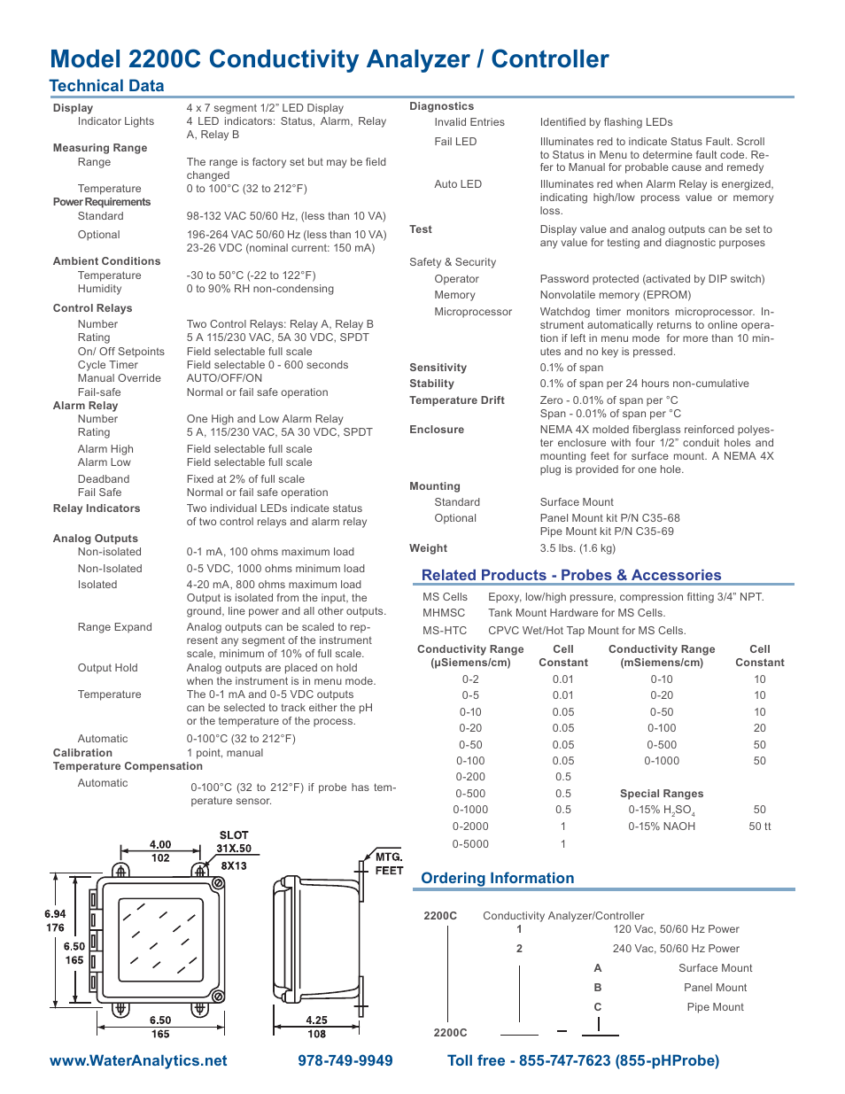 Model 2200c conductivity analyzer / controller, Technical data, Related products - probes & accessories | Ordering information | Aquametrix 2200C Conductivity Controller Datasheet User Manual | Page 2 / 2