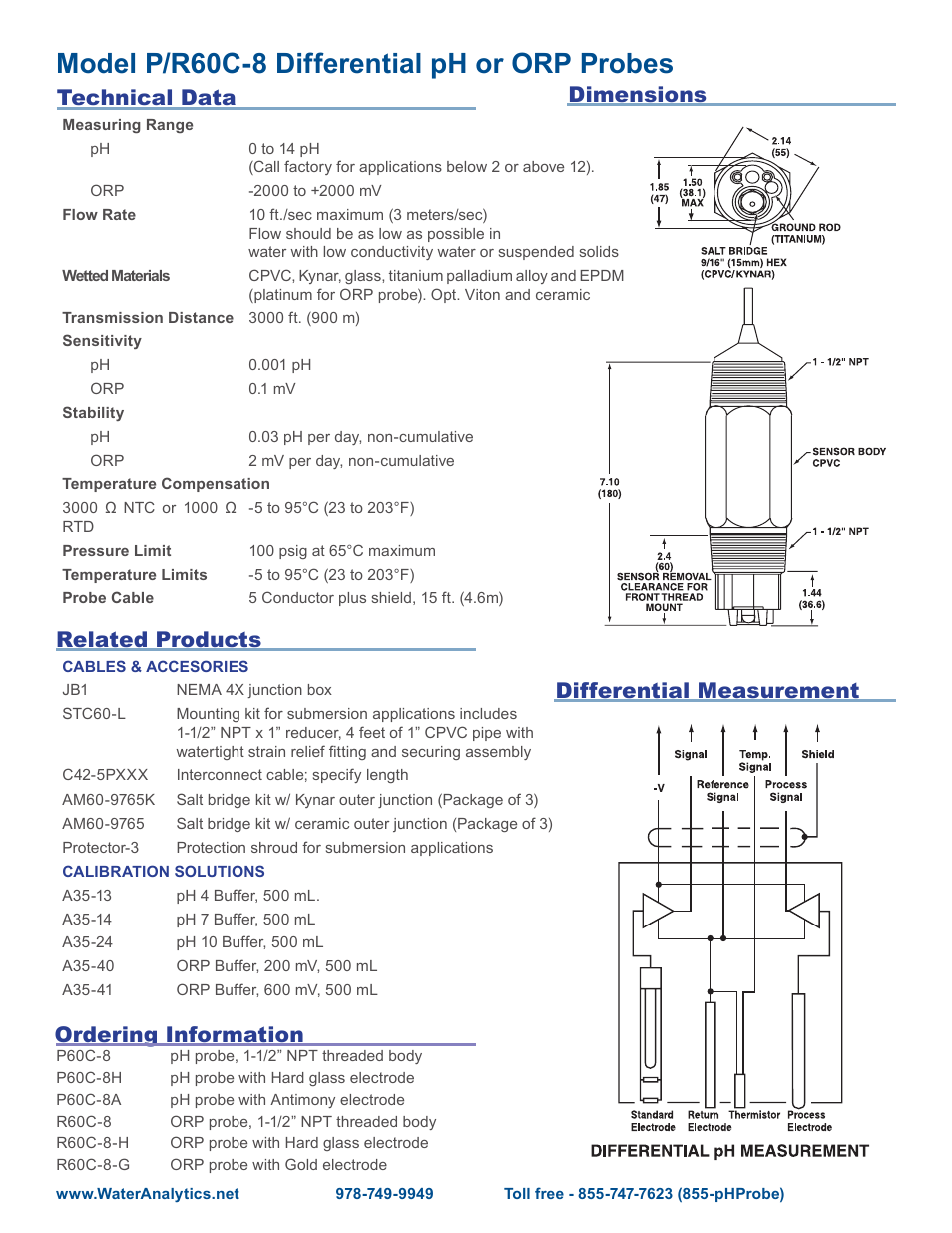 Model p/r60c-8 differential ph or orp probes, Technical data related products, Ordering information | Differential measurement dimensions | Aquametrix P/R60C-8 Differential pH or ORP Probes User Manual | Page 2 / 2