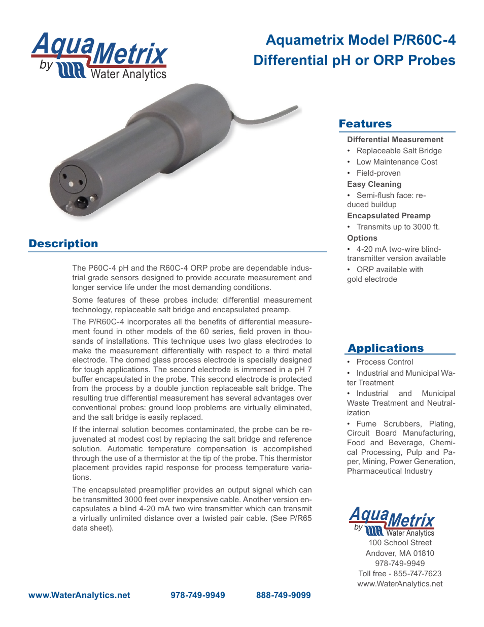 Aquametrix P/R60C-4 Differential pH or ORP Probes User Manual | 2 pages