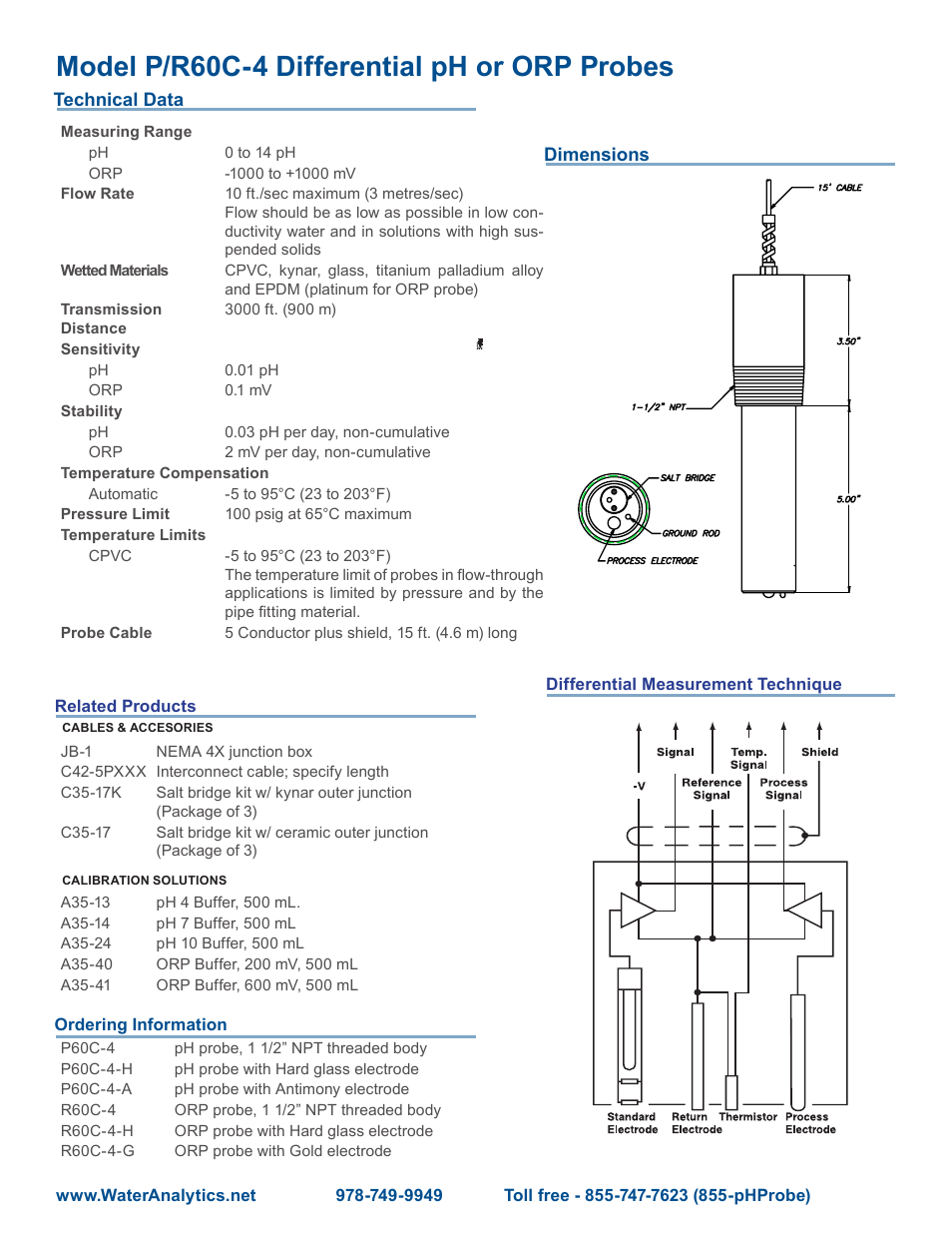 Model p/r60c-4 differential ph or orp probes | Aquametrix P/R60C-4 Differential pH or ORP Probes User Manual | Page 2 / 2