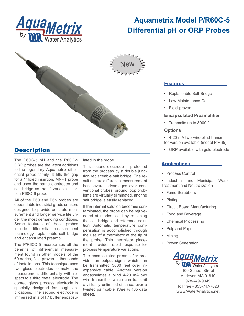 Aquametrix P/R60C-5 Differential pH or ORP Probes User Manual | 2 pages