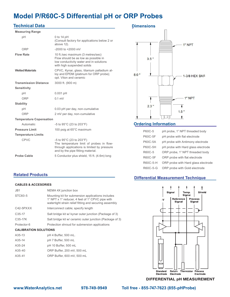 Model p/r60c-5 differential ph or orp probes, Technical data, Related products | Ordering information, Differential measurement technique dimensions | Aquametrix P/R60C-5 Differential pH or ORP Probes User Manual | Page 2 / 2