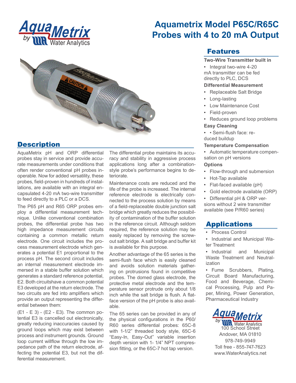 Aquametrix P/R60 Differential pH/ORP Sensors Datasheet User Manual | 2 pages