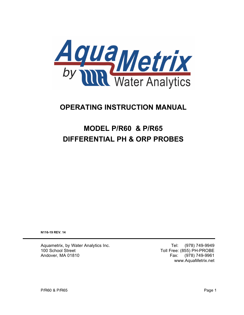 Aquametrix P/R60 Differential pH/ORP Sensors User Manual User Manual | 23 pages