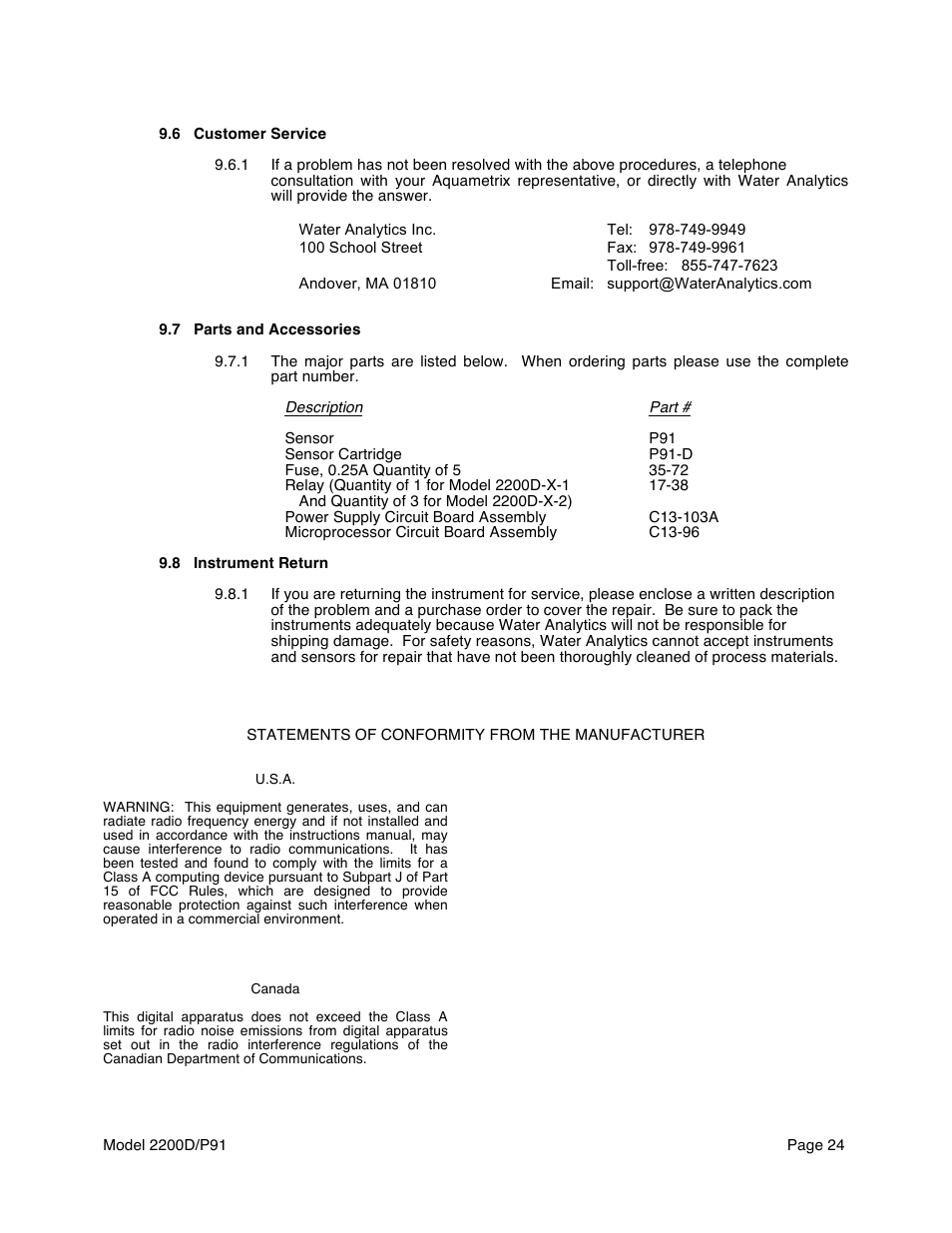 Aquametrix 2200D Dissolved Oxygen Controller/Analyzer User Manual User Manual | Page 26 / 26
