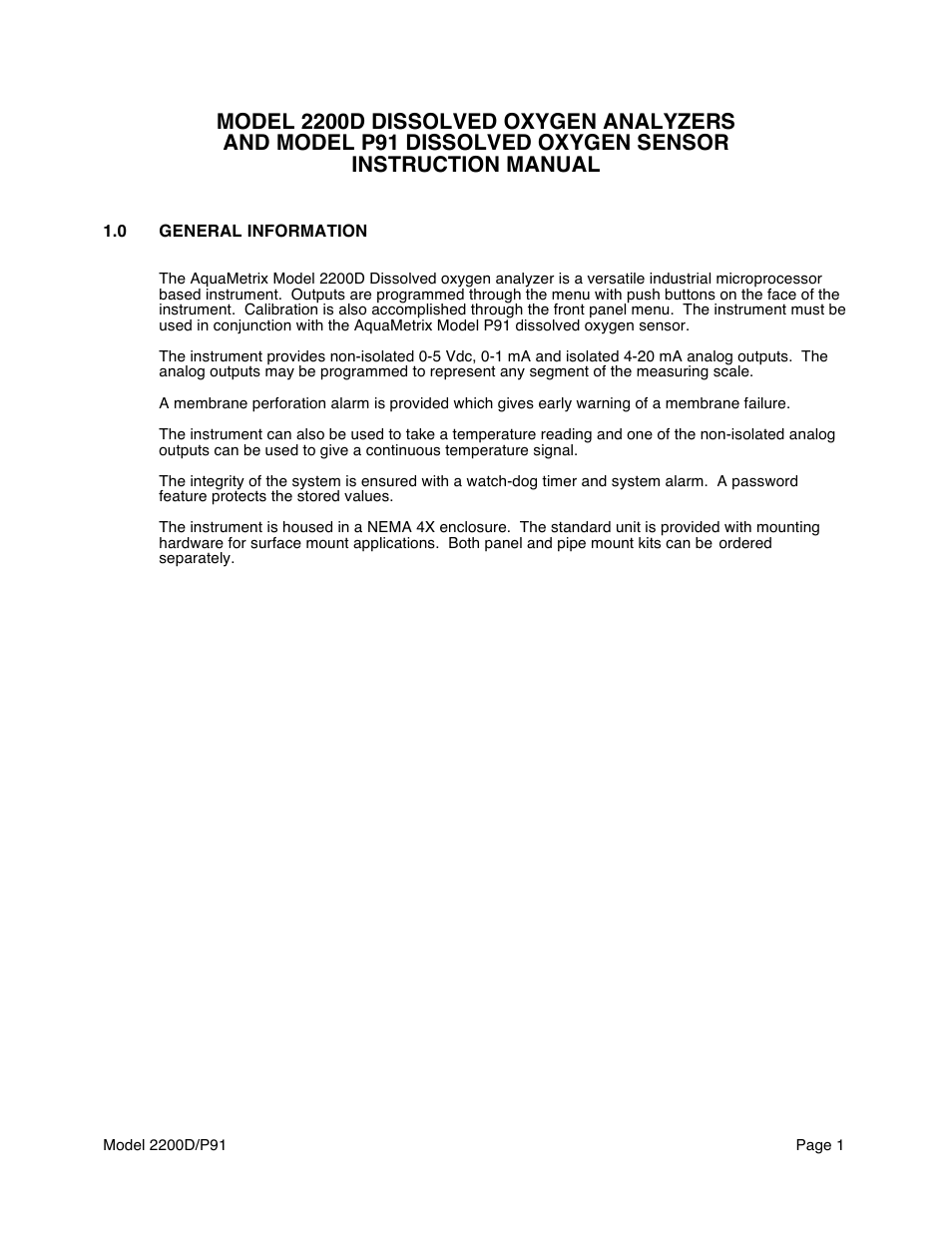 Aquametrix 2200D Dissolved Oxygen Controller/Analyzer User Manual User Manual | Page 3 / 26