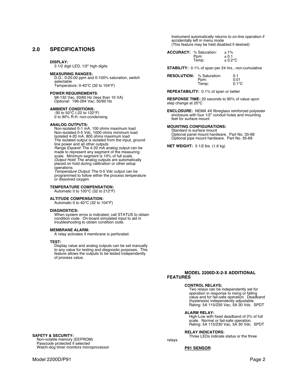 0 specifications | Aquametrix 2200D Dissolved Oxygen Controller/Analyzer User Manual User Manual | Page 4 / 26