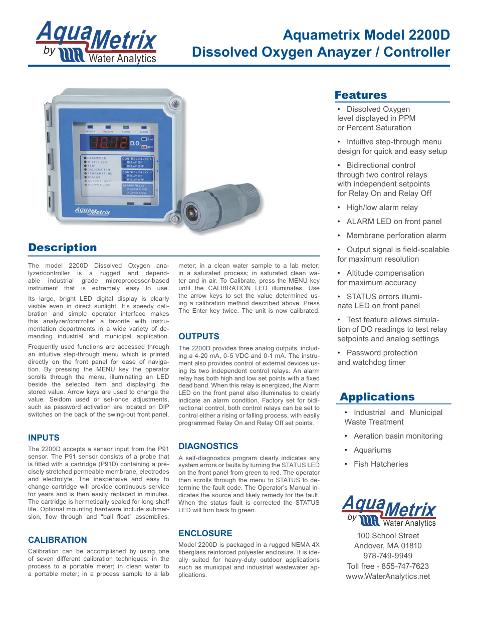 Aquametrix 2200D Dissolved Oxygen Controller/Analyzer Datasheet User Manual | 2 pages
