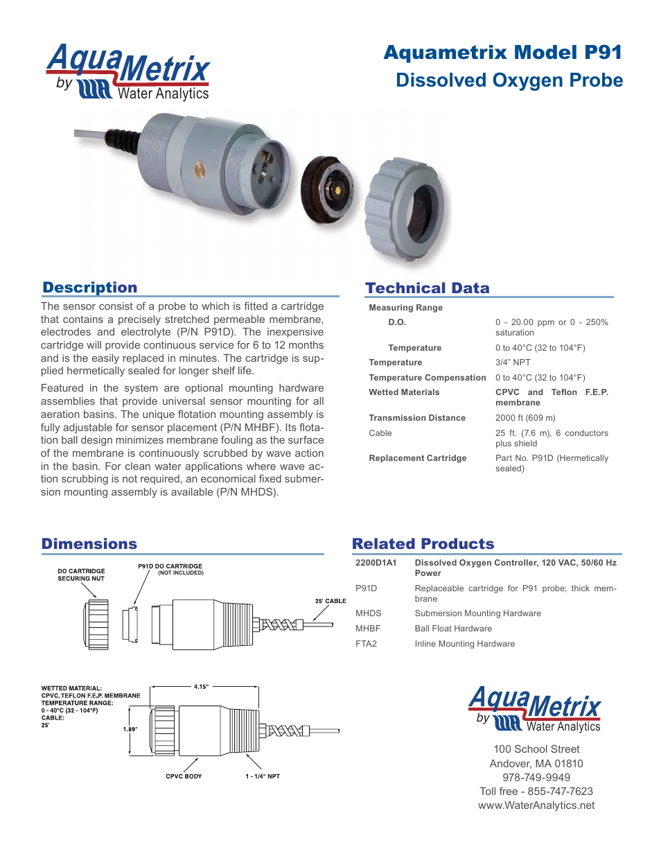 Aquametrix P91 Dissolved Oxygen Probe Datasheet User Manual | 1 page