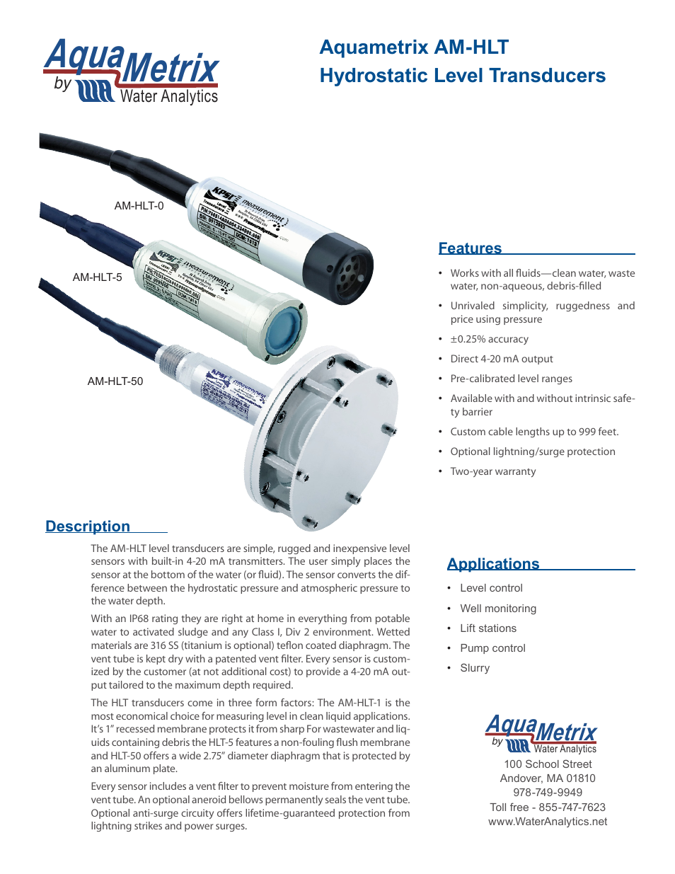 Aquametrix AM-HLT Hydrostatic Level Transducers User Manual | 2 pages