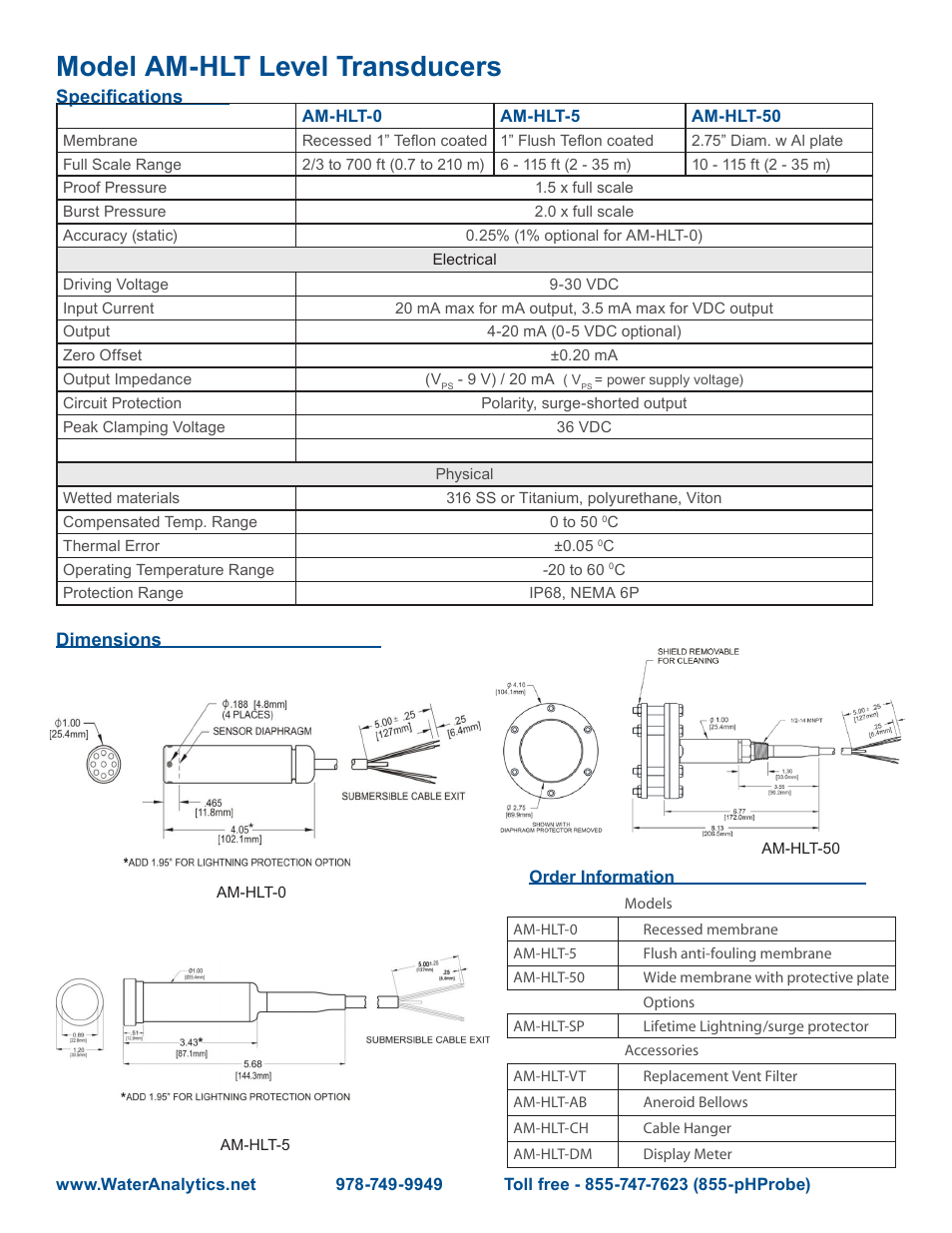 Model am-hlt level transducers | Aquametrix AM-HLT Hydrostatic Level Transducers User Manual | Page 2 / 2