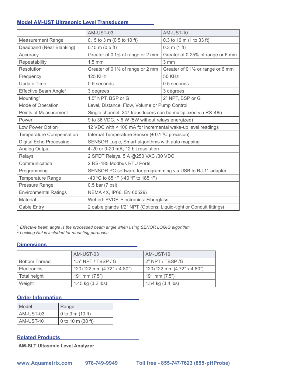 Aquametrix AM-UST Ultrasonic Level Transducer User Manual | Page 2 / 2