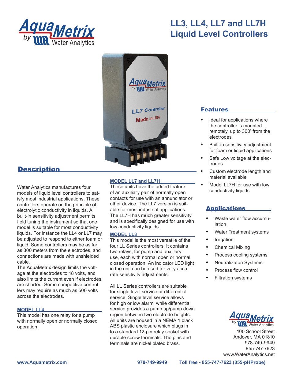 Aquametrix LL Series Liquid Level Controllers User Manual | 4 pages