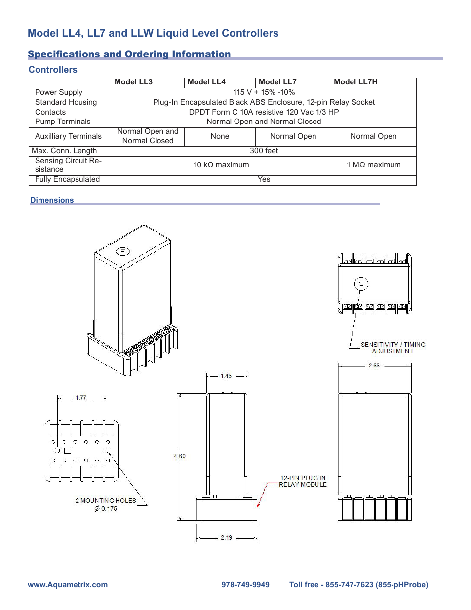 Model ll4, ll7 and llw liquid level controllers | Aquametrix LL Series Liquid Level Controllers User Manual | Page 2 / 4