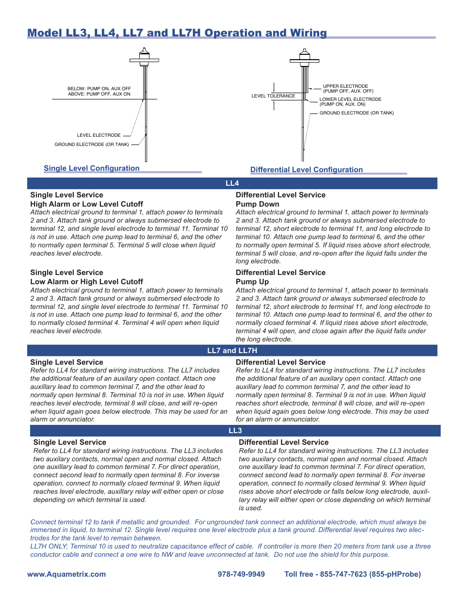 Model ll3, ll4, ll7 and ll7h operation and wiring | Aquametrix LL Series Liquid Level Controllers User Manual | Page 3 / 4