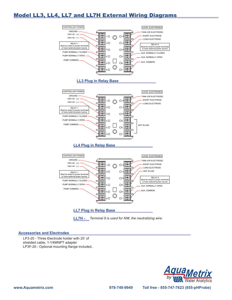 Aquametrix, Water analytics, Terminal 9 is used for nw, the neutralizing wire | Aquametrix LL Series Liquid Level Controllers User Manual | Page 4 / 4