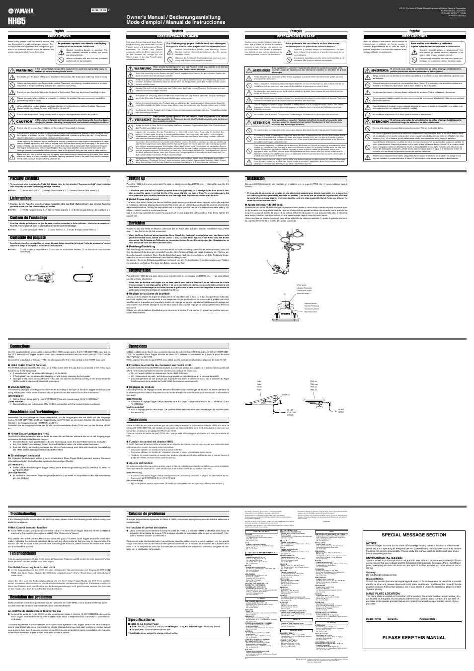 Hh65, Setting up einrichten configuration instalación, Connections anschlüsse und verbindungen connexions | Please keep this manual, Conexiones, Fehlerbehebung, English, Deutsch français español, Specifications | Yamaha HH65 User Manual | Page 4 / 4