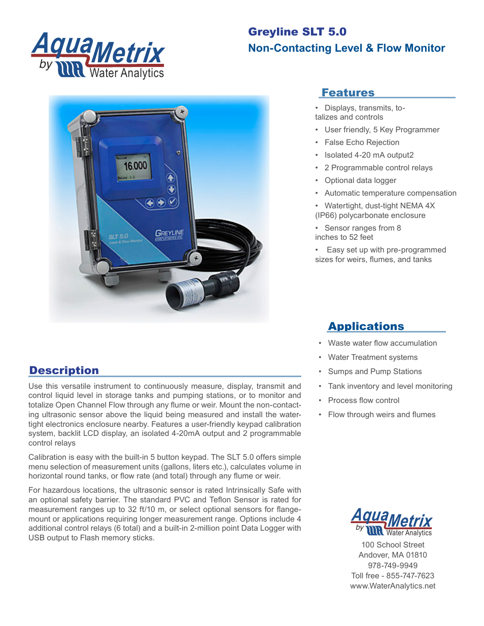 Aquametrix SLT-5 Ultrasonic Flow & Level Monitor User Manual | 4 pages