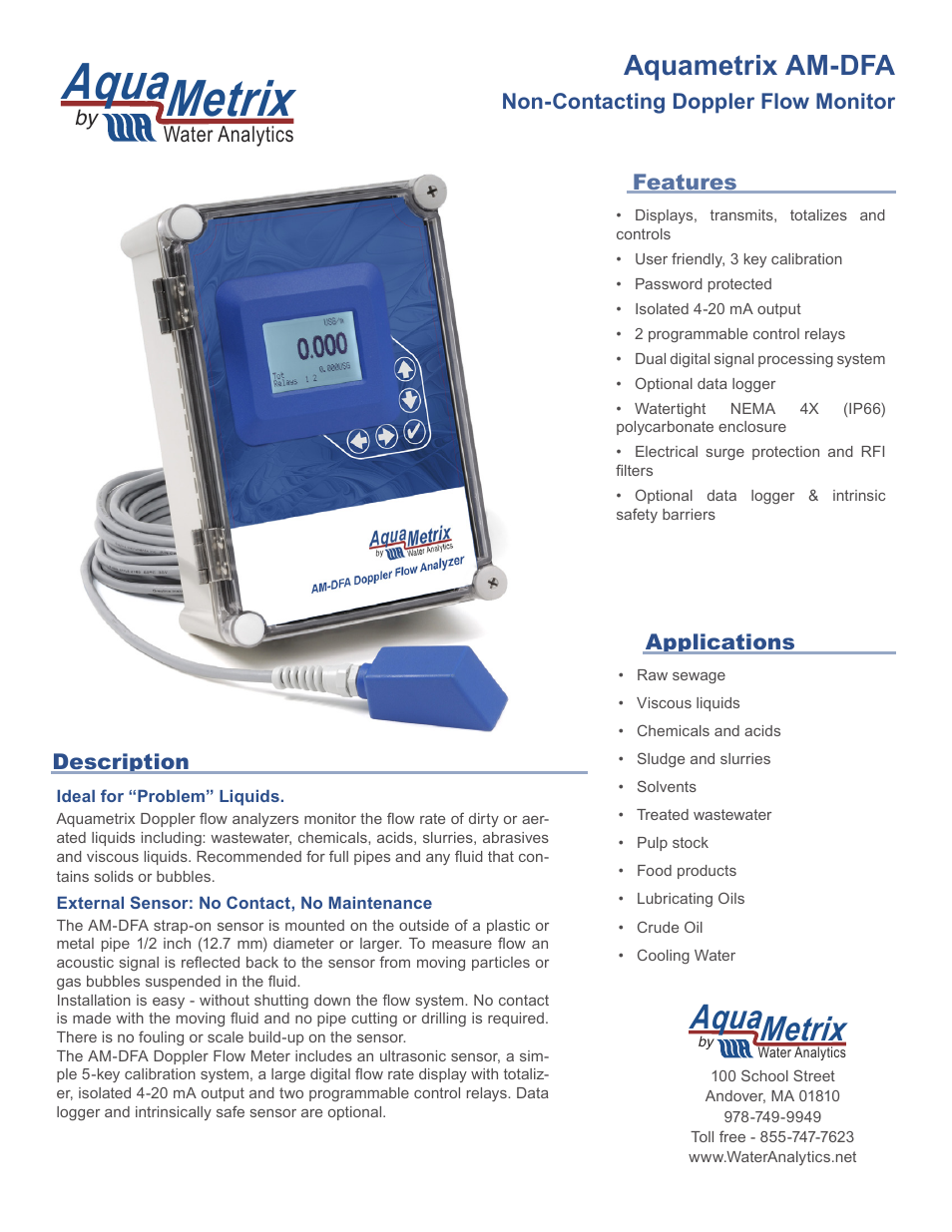 Aquametrix AM-DFA Doppler Flow Analyzer User Manual | 4 pages