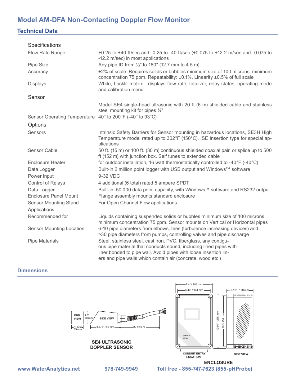 Model am-dfa non-contacting doppler flow monitor, Technical data, Specifications | Sensor, Options | Aquametrix AM-DFA Doppler Flow Analyzer User Manual | Page 4 / 4
