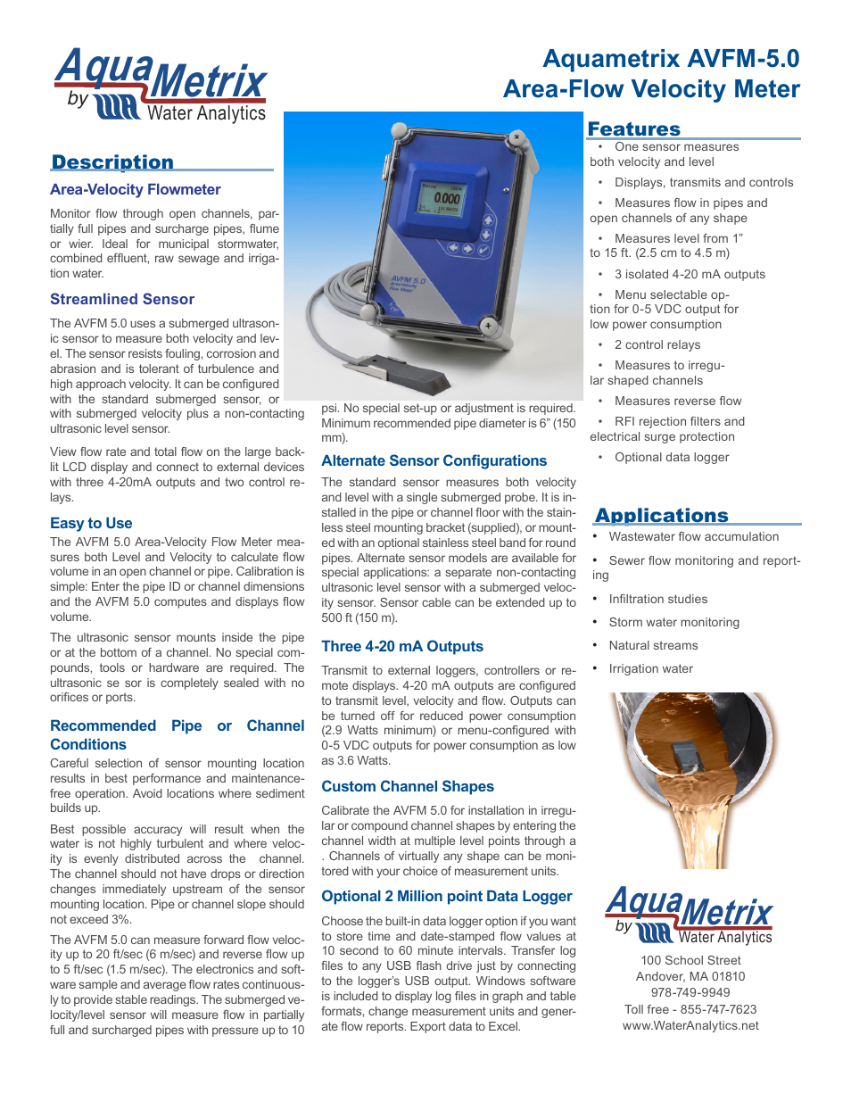 Aquametrix AVFM-5 Area Velocity Flow & Level Monitor User Manual | 2 pages