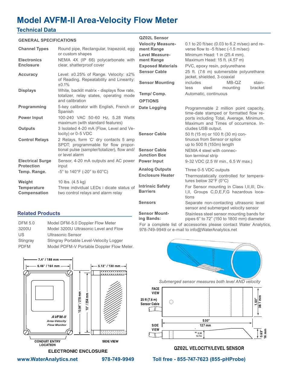 Model avfm-ii area-velocity flow meter, Technical data | Aquametrix AVFM-5 Area Velocity Flow & Level Monitor User Manual | Page 2 / 2
