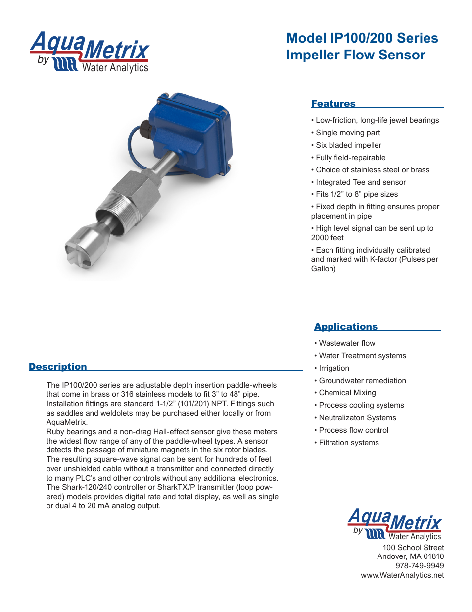 Aquametrix IP100 Series Paddle Wheel Sensors User Manual | 2 pages
