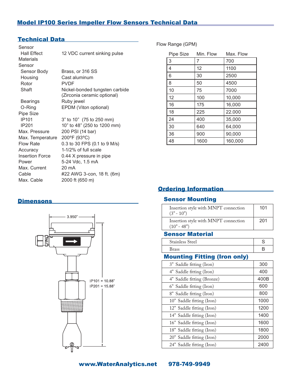 Aquametrix IP100 Series Paddle Wheel Sensors User Manual | Page 2 / 2