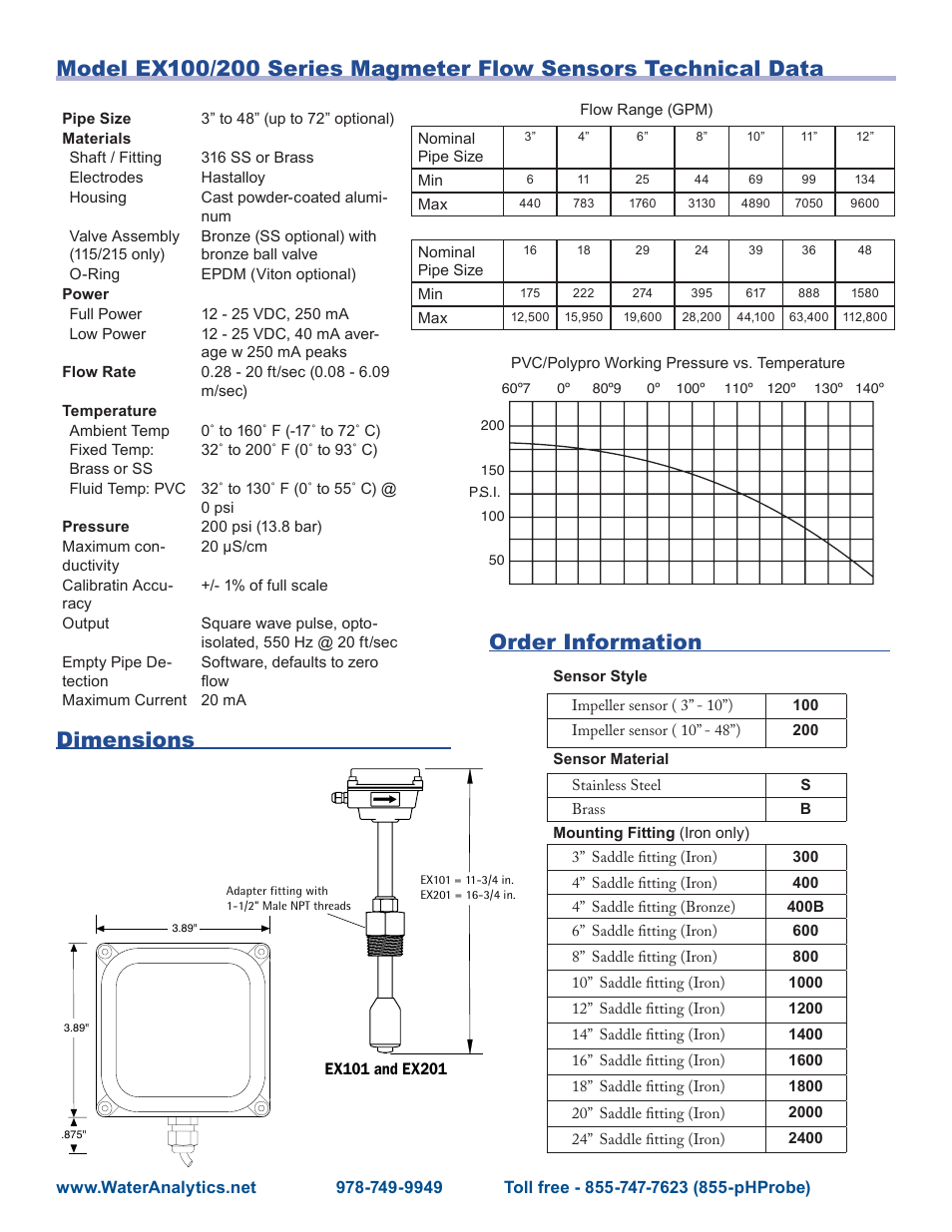 Dimensions, Order information | Aquametrix EX100 Series Magmeter Sensors User Manual | Page 2 / 2