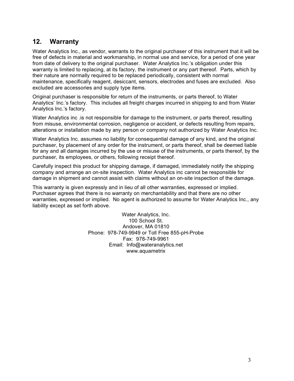 Warranty | Aquametrix AM-TBR Turbidimeter User Manual User Manual | Page 41 / 44